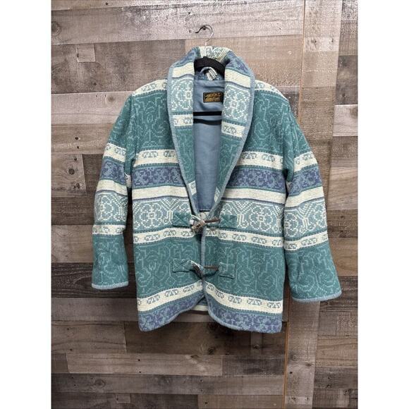 VTG Eddie Bauer Wool Barn Jacket Blanket Coat Womens Blue Navajo Tribal Aztec PS - Picture 1 of 6
